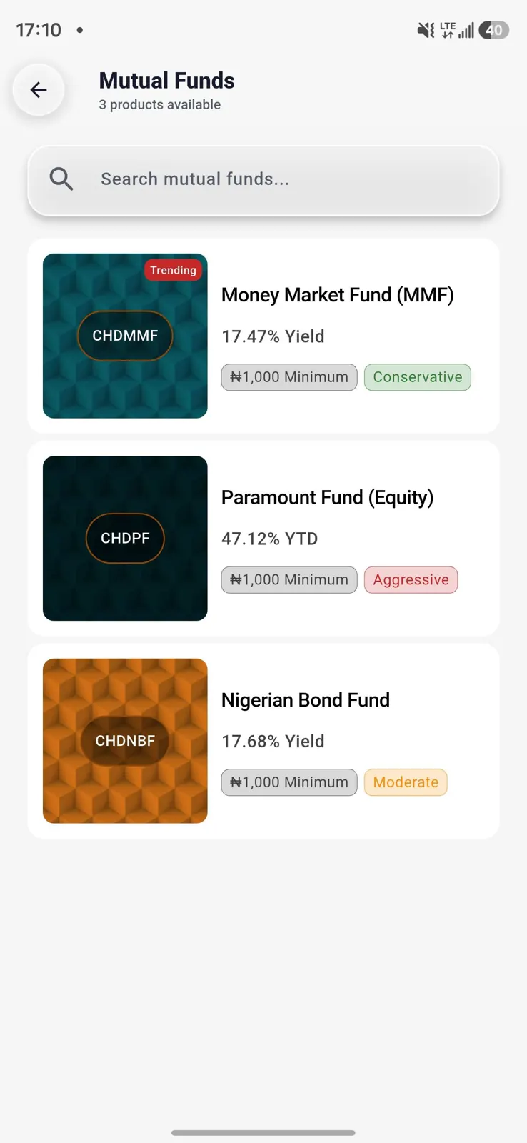 Mutual funds screen in the InvestNaija app Mutual funds screen in the InvestNaija app