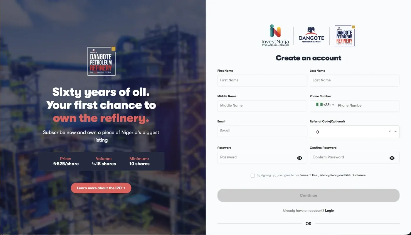 InvestNaija by Chapel Hill Denham Web App signup page with the Dangote Refinery offer and account registration form